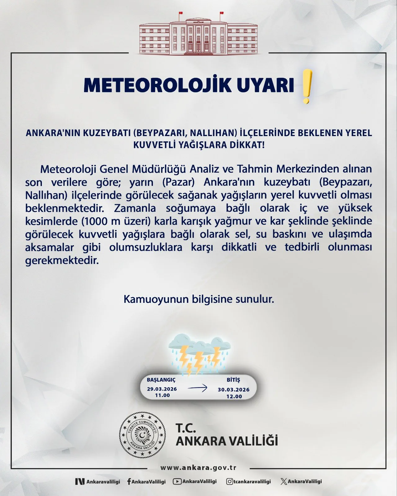 Ankara'da Kuvvetli Yağış Bekleniyor