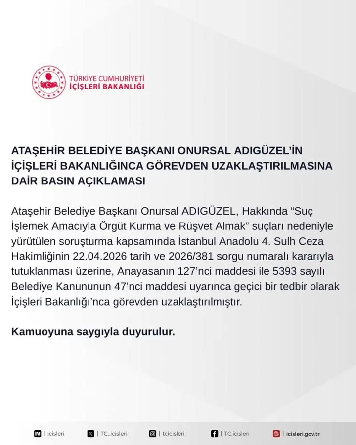 ATAŞEHİR BELEDİYE BAŞKANI ONURSAL ADIGÜZEL’İN İÇİŞLERİ BAKANLIĞINCA GÖREVDEN UZAKLAŞTIRILMASI