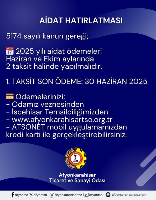 Afyonkarahisar Ticaret ve Sanayi Odası 2025 Aidatları Hakkında Duyuru