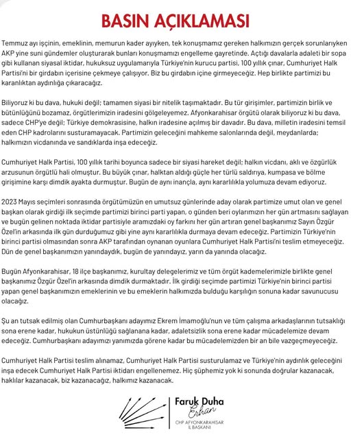 CHP Afyonkarahisar İl Başkanlığı'ndan Basın Açıklaması