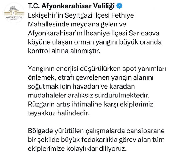 Afyonkarahisar'da Kontrol Altına Alınan Orman Yangını