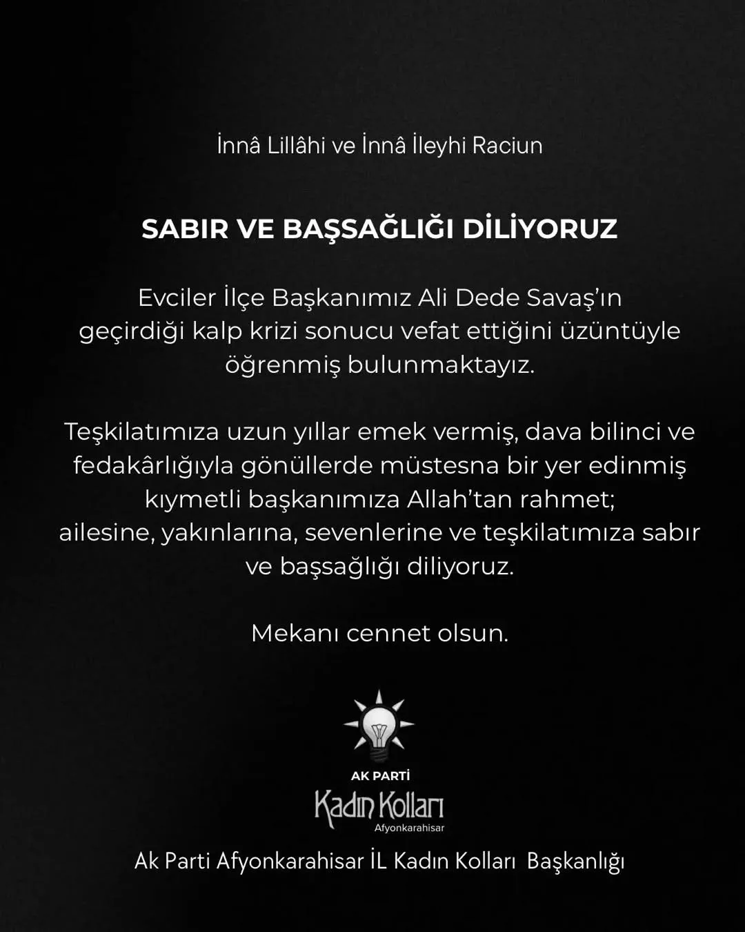 AK Parti Afyonkarahisar İl Kadın Kolları'ndan Başsağlığı Mesajı