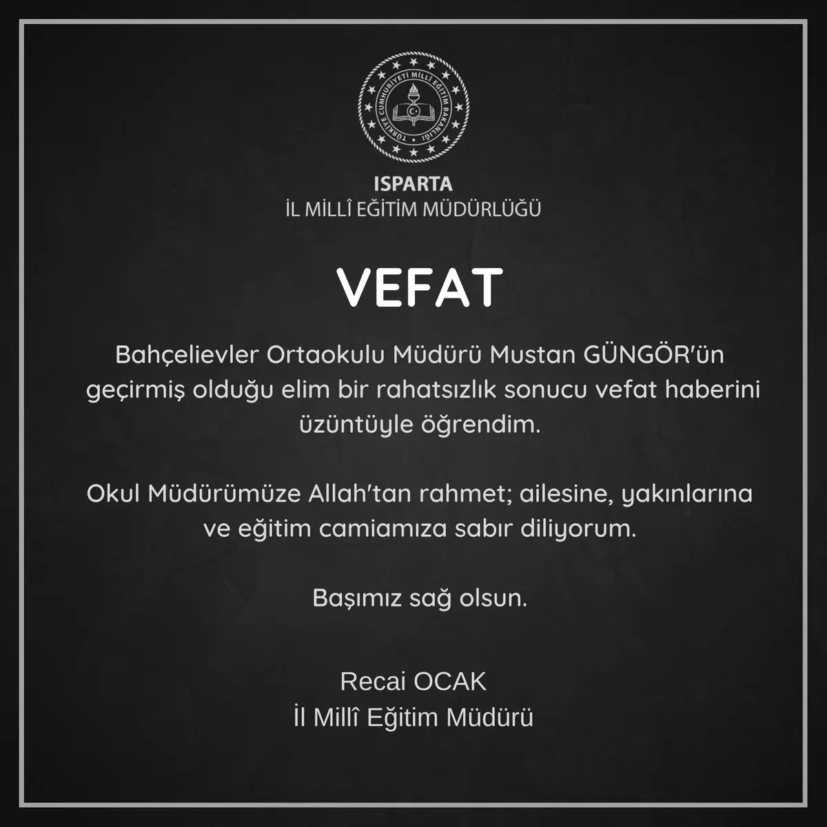 Isparta İl Milli Eğitim Müdürlüğü'nden başsağlığı mesajı
