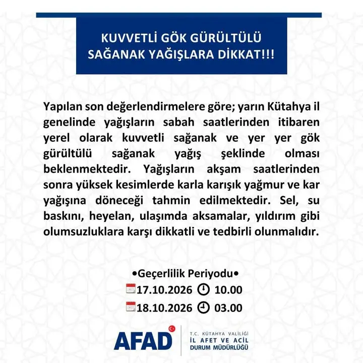 Tavşanlı'da kuvvetli sağanak yağış uyarısı