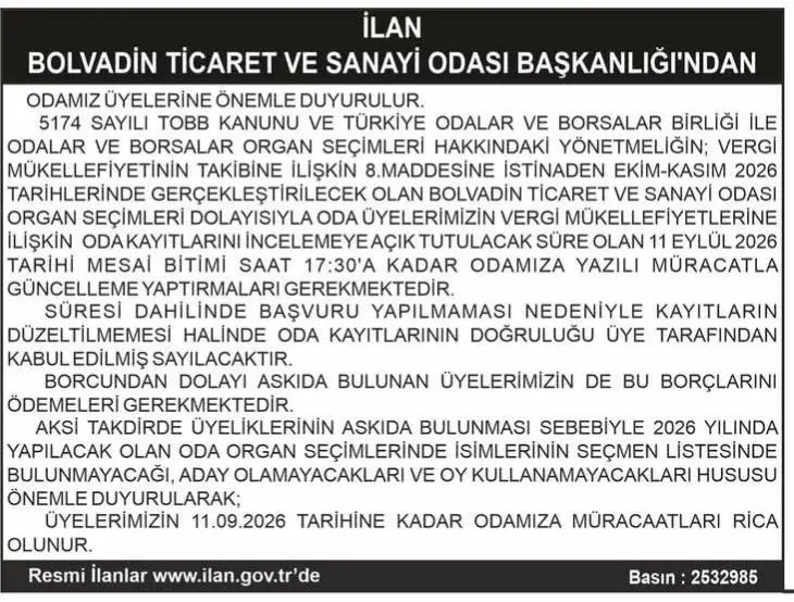 Oda Üyeleri İçin Vergi Bilgisi Kontrolü Uyarısı