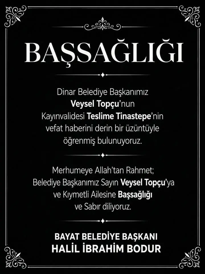 Bayat Belediye Başkanlığı'ndan başsağlığı mesajı