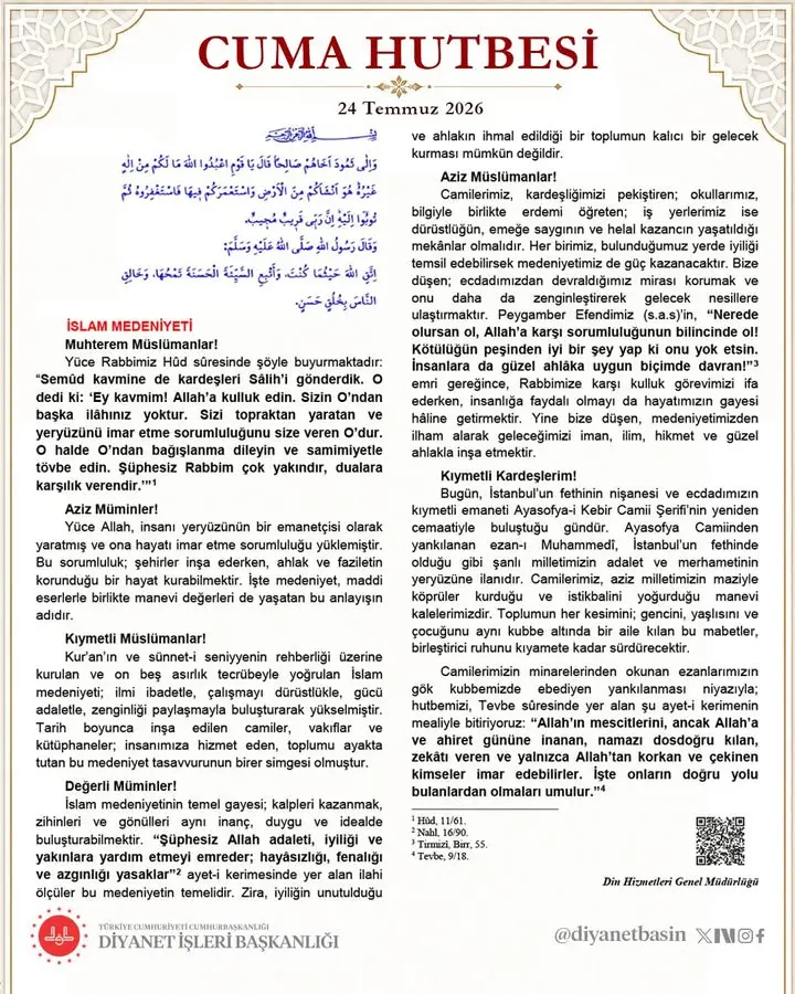 Uşak İl Müftülüğü'nden Cuma Hutbesi Duyurusu