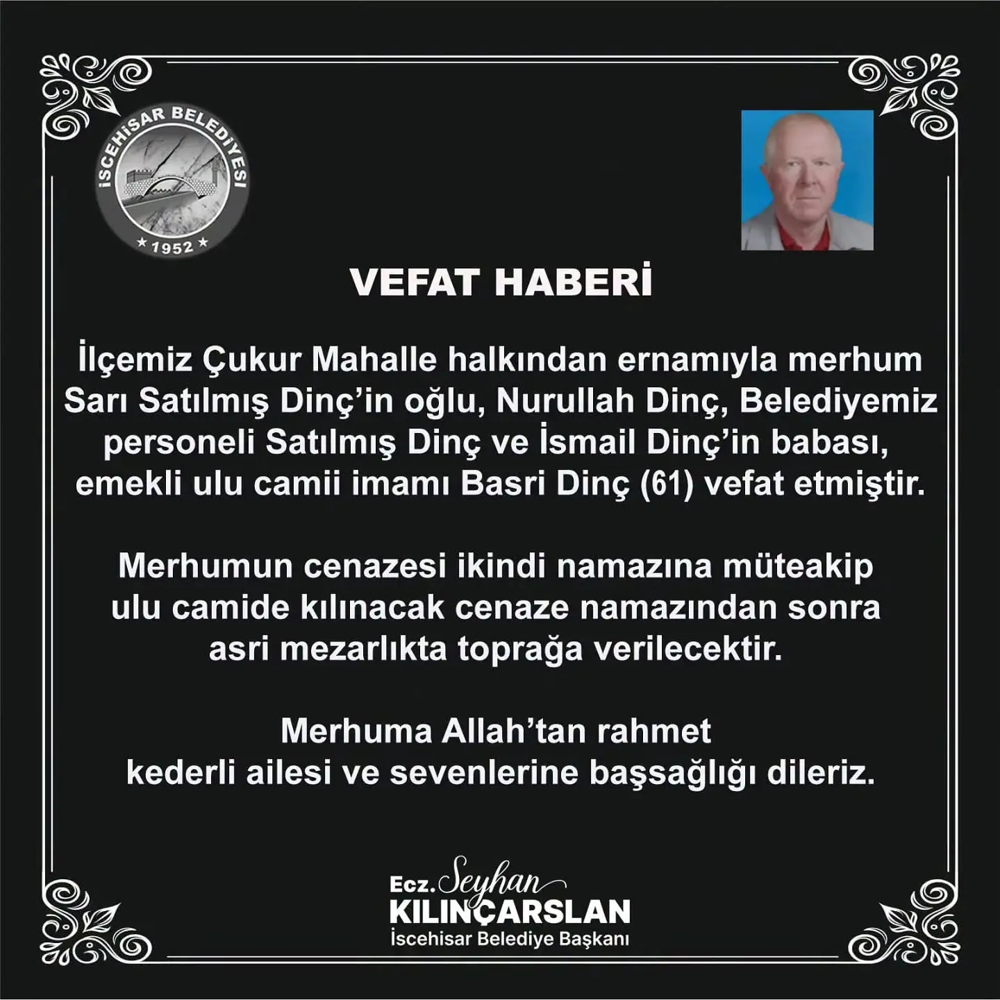 Çukur Mahallesi'nde vefat eden emekli imam