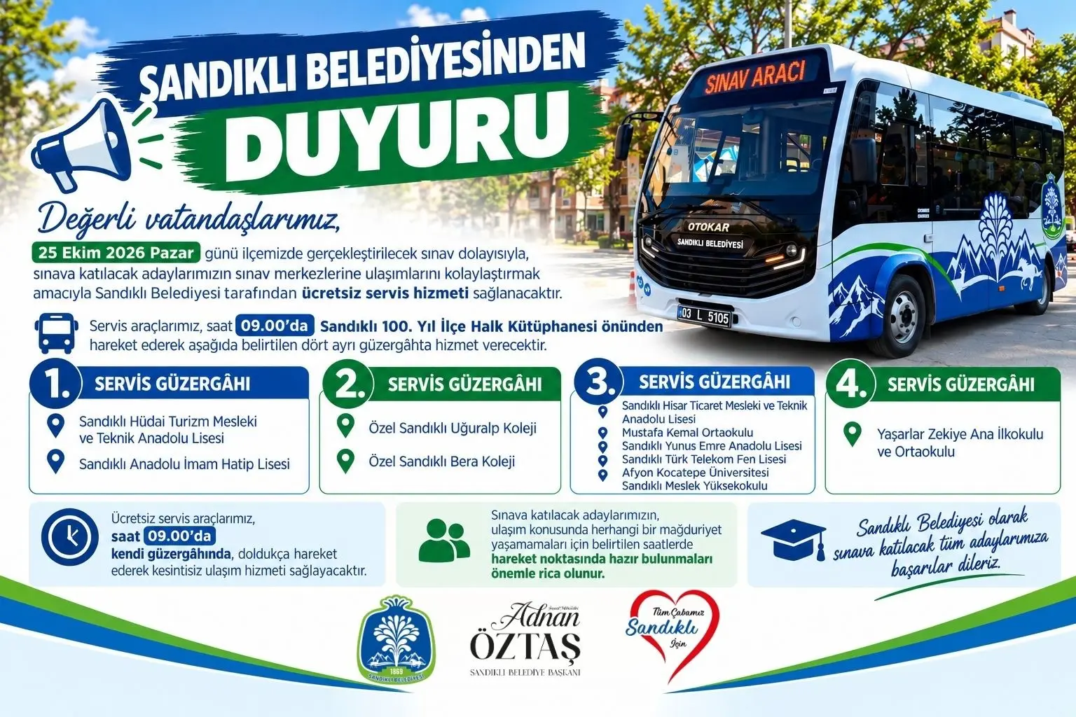 Sandıklı'da Sınav Adaylarına Ücretsiz Servis