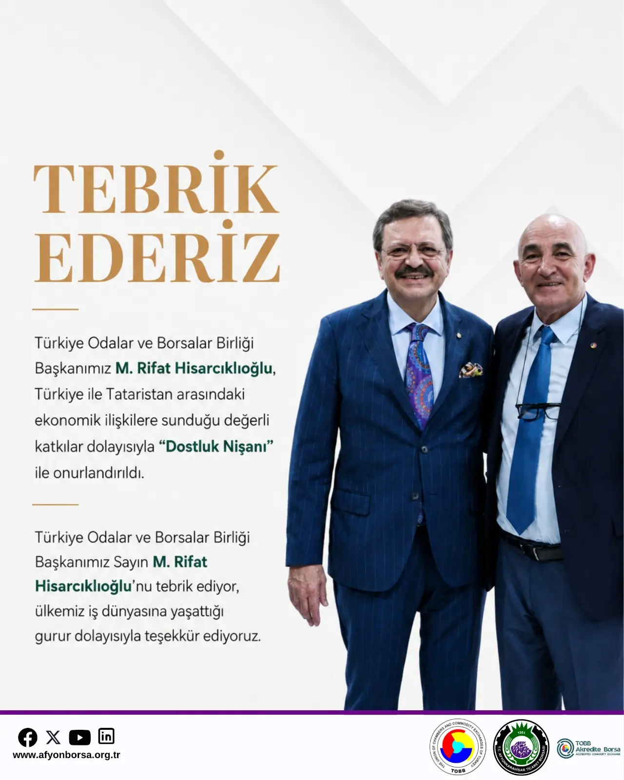 M. Rifat Hisarcıklıoğlu'na Dostluk Nişanı verildi