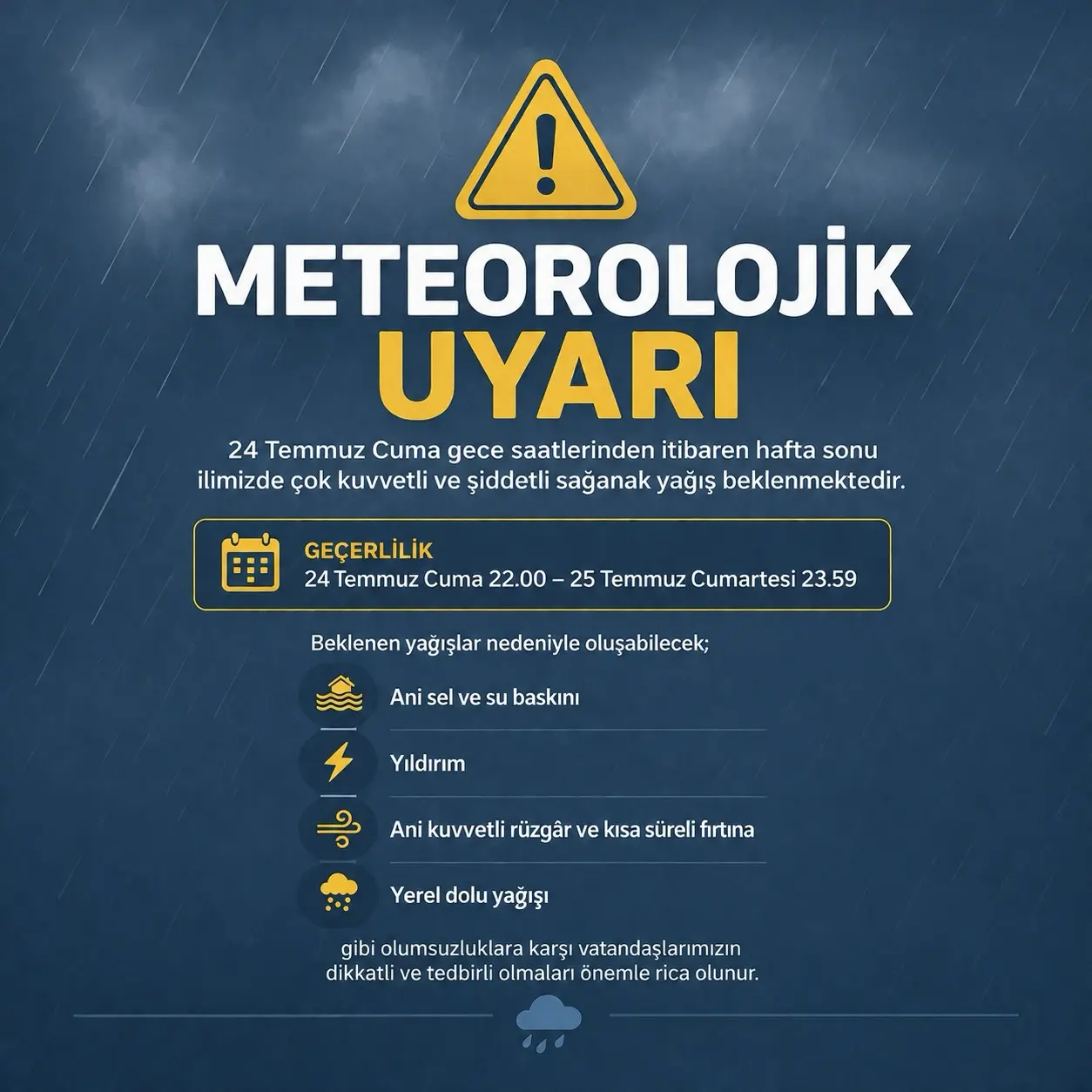 Çorum'da Şiddetli Yağış Uyarısı