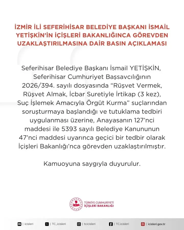 Seferihisar Belediye Başkanı görevden alındı