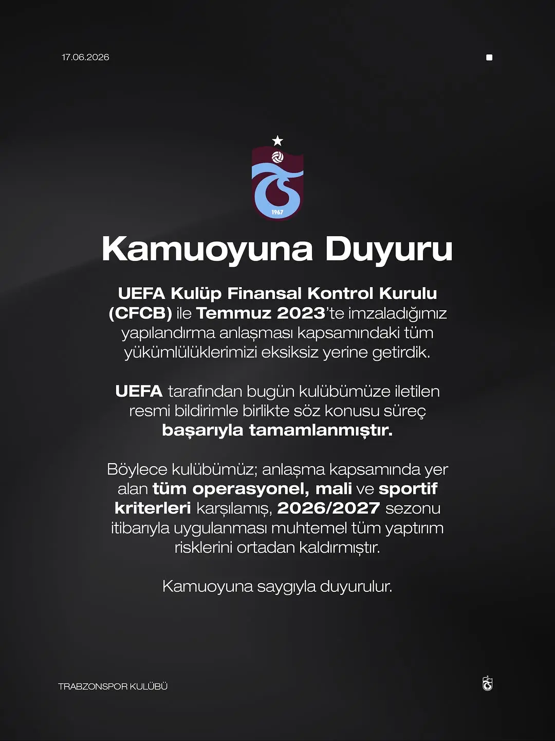 Trabzonspor, UEFA ile anlaşmayı tamamladı