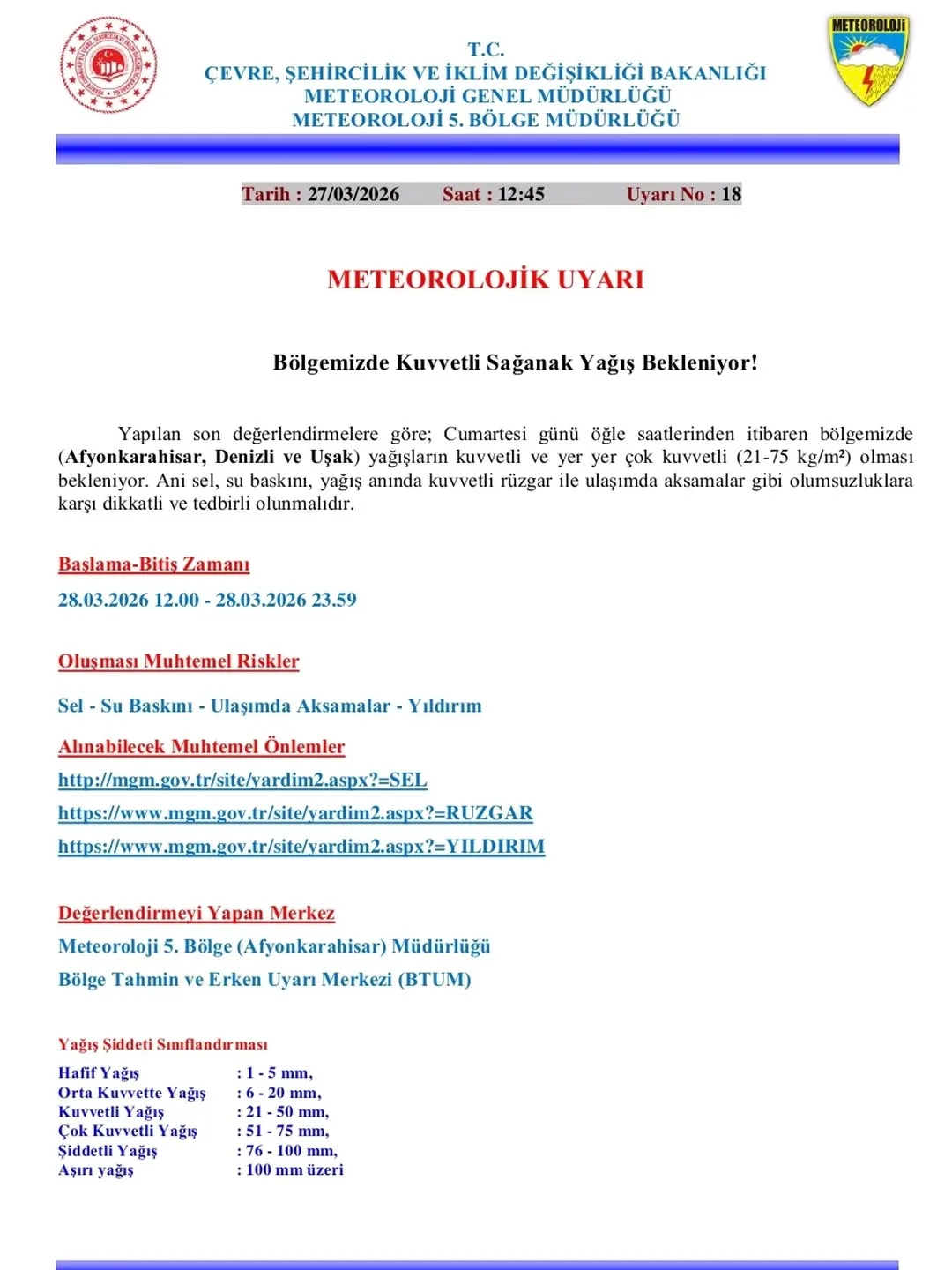 Afyonkarahisar Meteoroloji 5. Bölge Müdürlüğü'nden Kuvvetli Sağanak Yağış Uyarısı