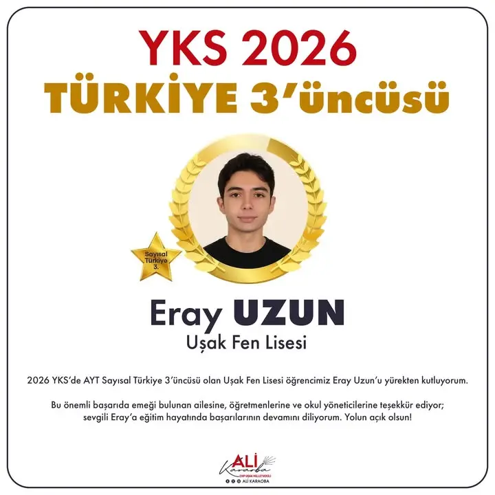 Uşak Fen Lisesi Öğrencisi YKS'de Türkiye 3'üncüsü Oldu