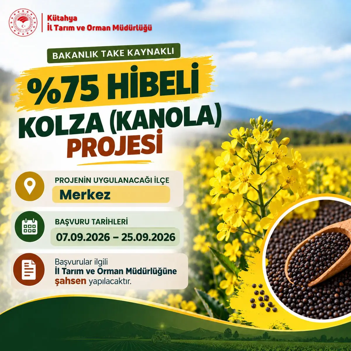 Kütahya'da %75 Hibelik Kolza Projesi Başlıyor