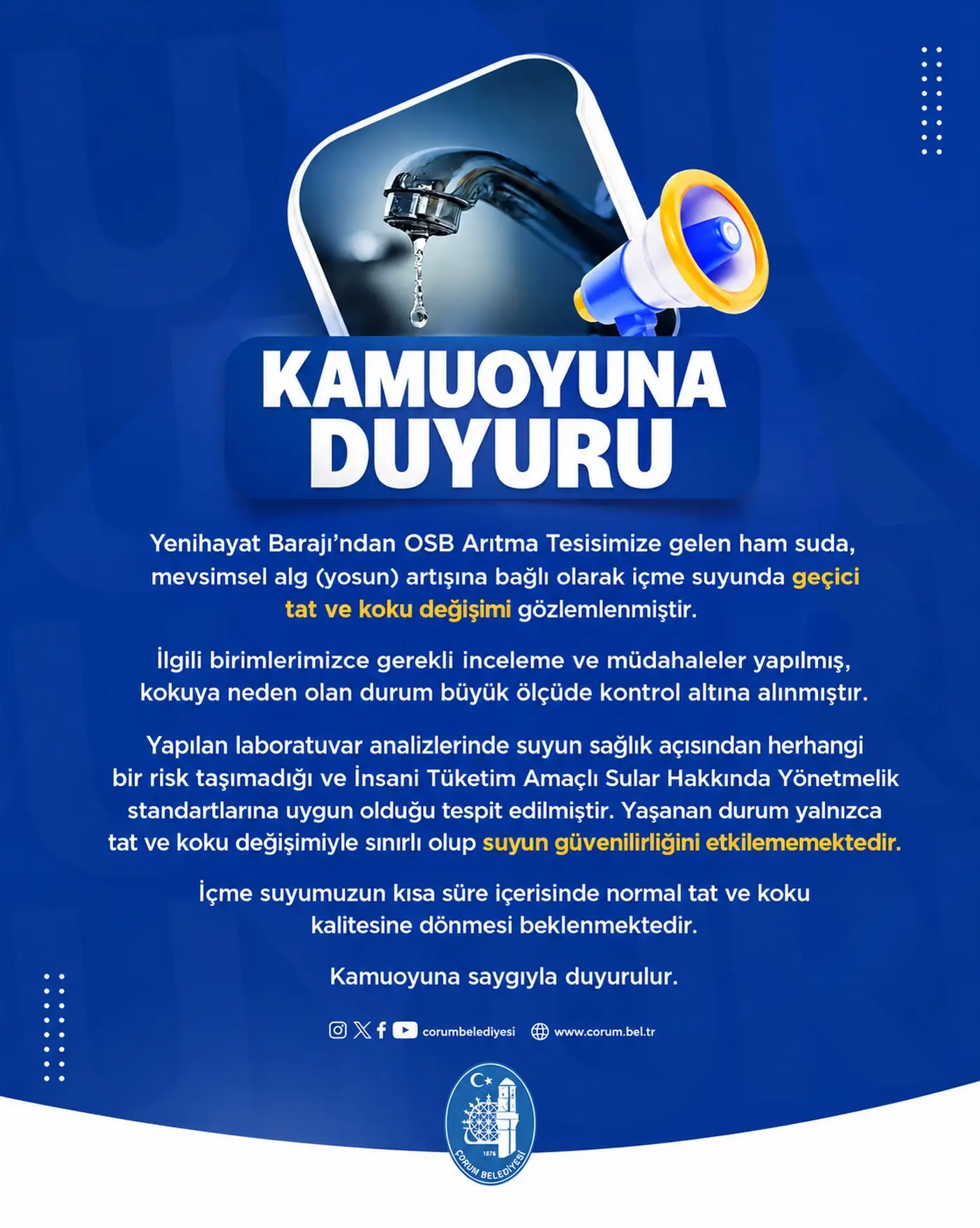 Çorum'da İçme Suyunda Değişim