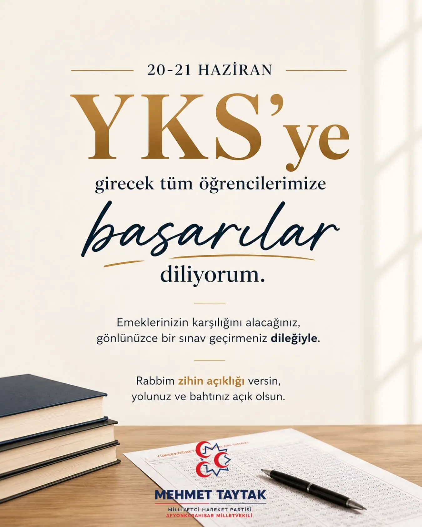 YKS 2026 için öğrencilere başarı dileği