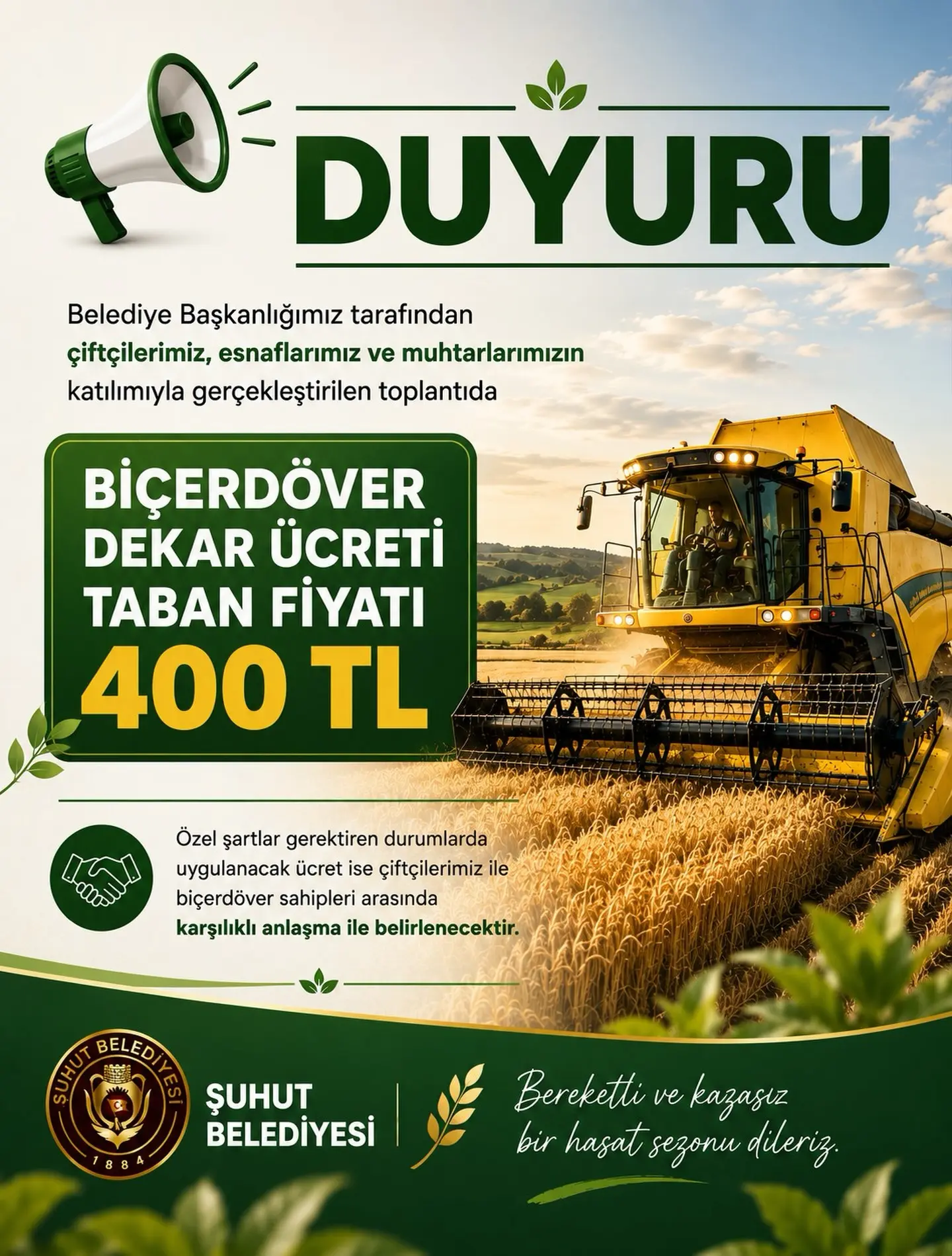 Biçerdöver dekar ücreti 400 TL olarak belirlendi