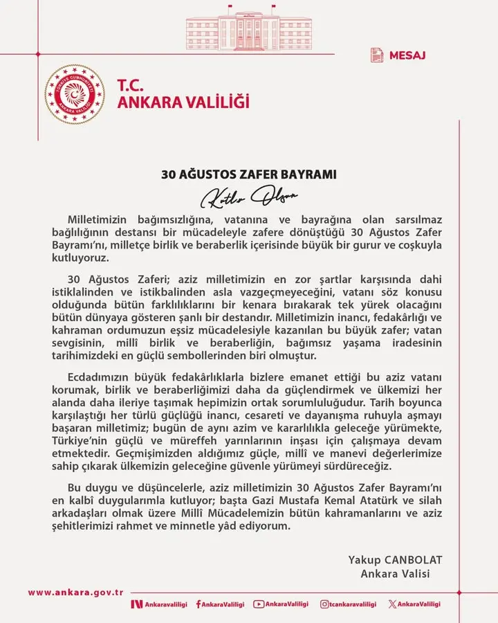 Vali Canbolat'tan 30 Ağustos Mesajı
