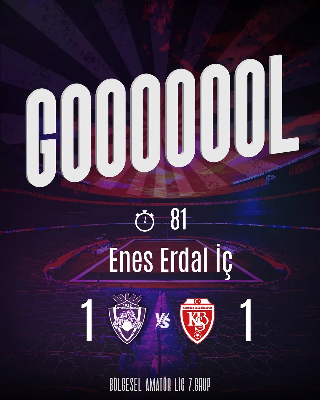 1923 Afyonkarahisar Spor Kulübü Resmi Hesabından Enes Erdal İç'in Attığı Gol Paylaşımı