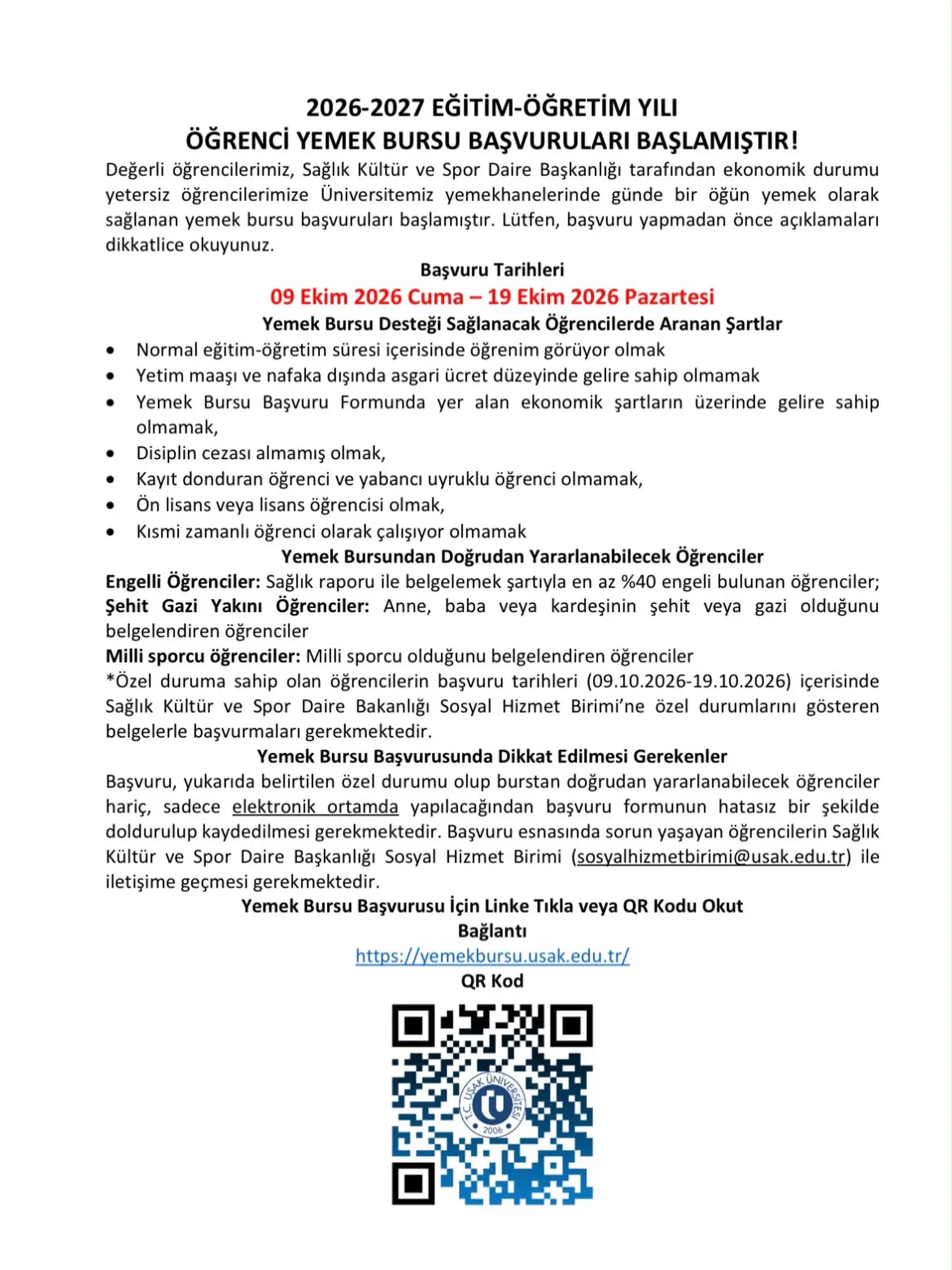 2026-2027 Eğitim Öğretim Yılı Yemek Bursu Başvuruları