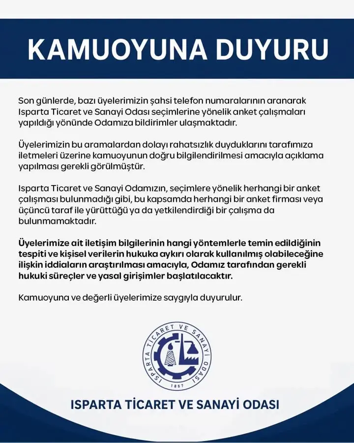 Isparta Ticaret ve Sanayi Odası'ndan açıklama