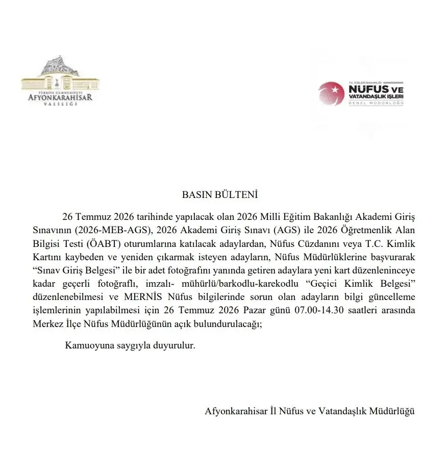 Nüfus Müdürlüğü, Sınav Günü Açık Olacak