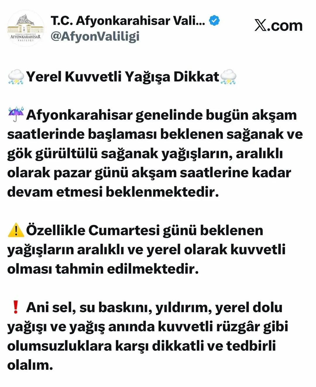 Afyonkarahisar'da Kuvvetli Yağış Uyarısı