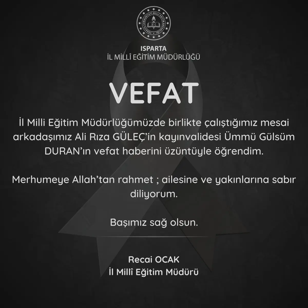Isparta'da Başsağlığı Mesajı Paylaşıldı