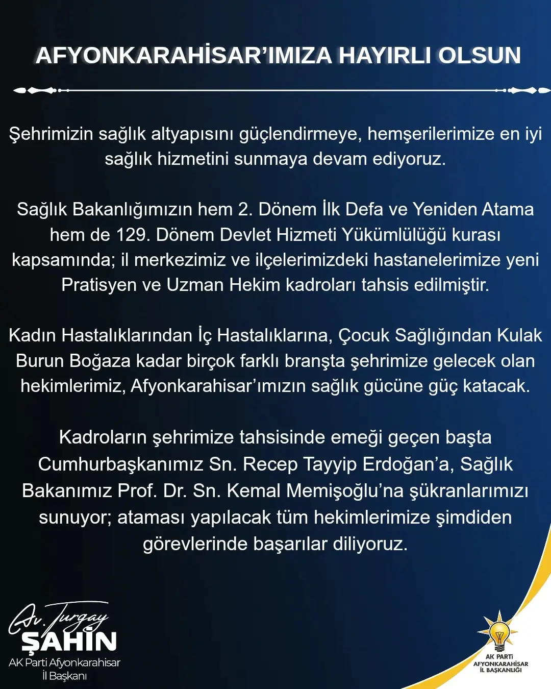 Afyonkarahisar'a yeni hekim kadroları tahsis edildi
