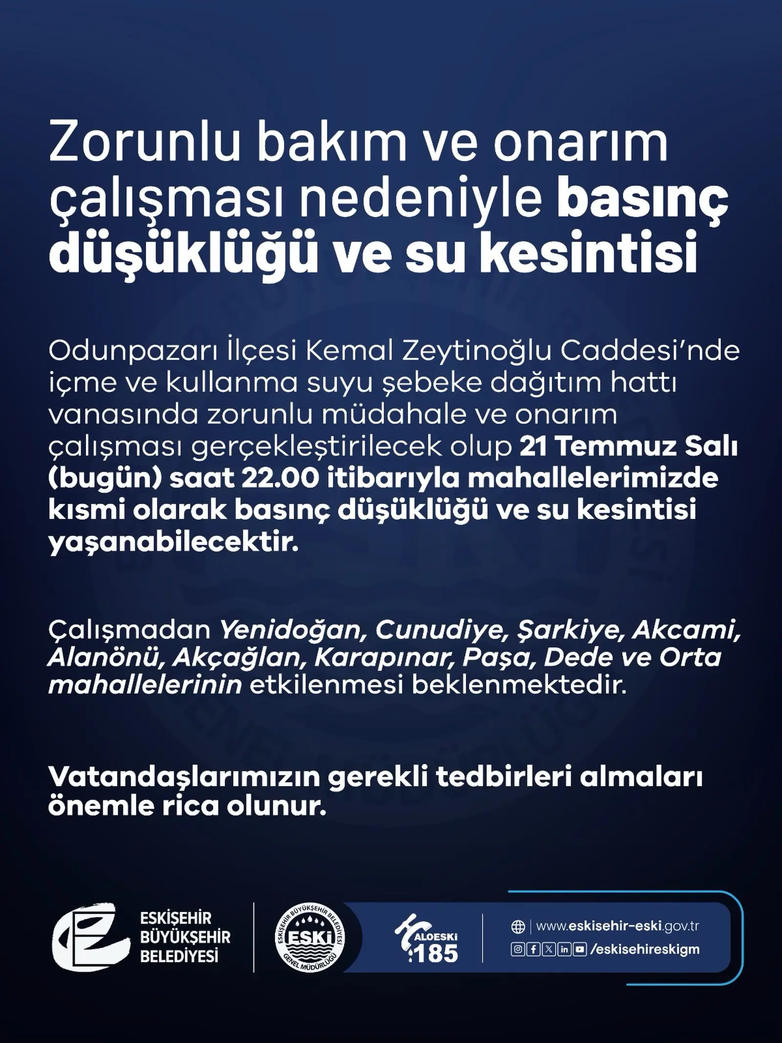 Odunpazarı'nda Su Kesintisi ve Basınç Düşüklüğü