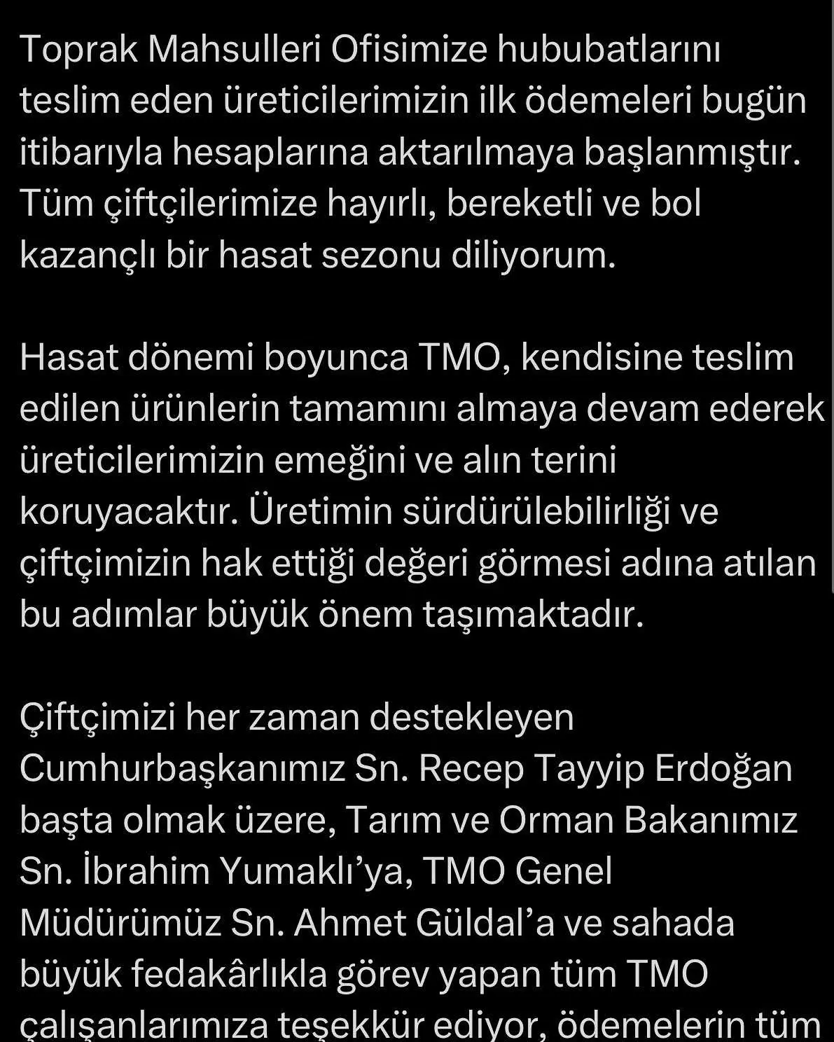 TMO, üreticilere ilk ödemeleri aktarmaya başladı