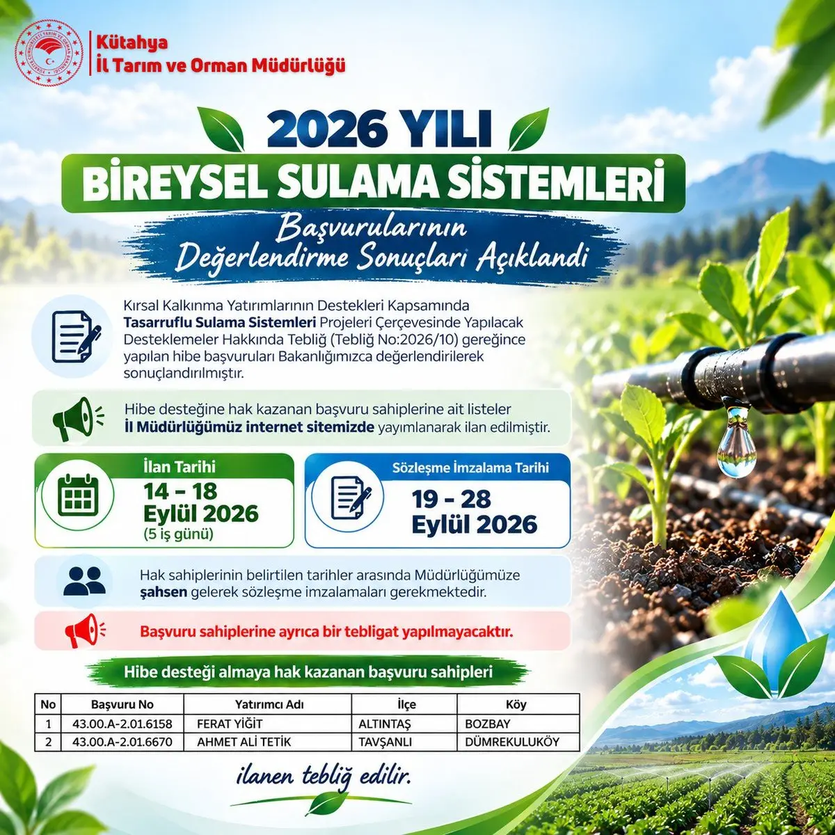 2026 Yılı Bireysel Sulama Başvuru Sonuçları Açıklandı