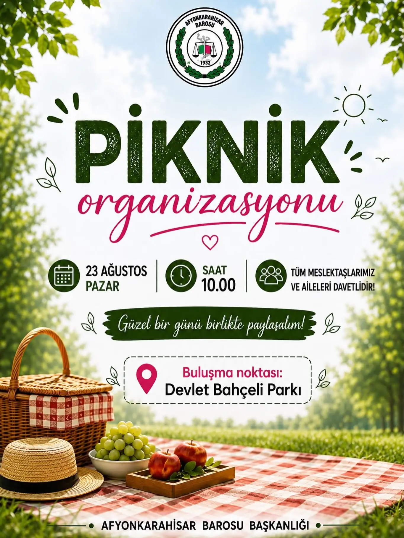 Afyonkarahisar Barosu piknik organizasyonu düzenliyor