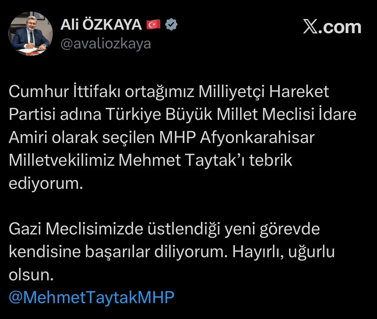 MHP Milletvekili Taytak'a Tebrik