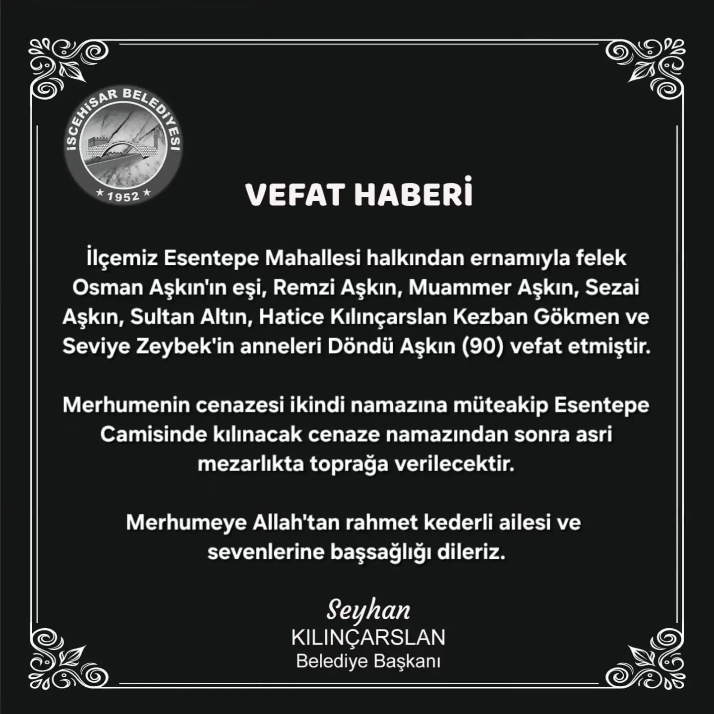 Esentepe Mahallesi'nde vefat haberi