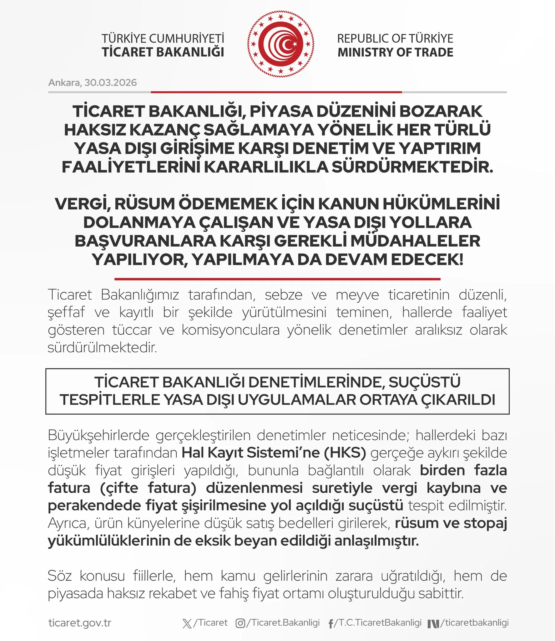 Ticaret Bakanlığı Denetimlerini Sürdürüyor