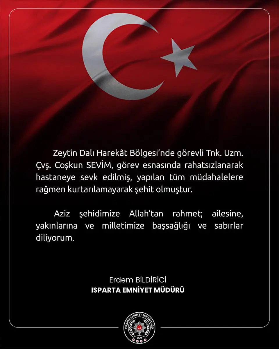 Isparta İl Emniyet Müdürlüğü'nden taziye mesajı