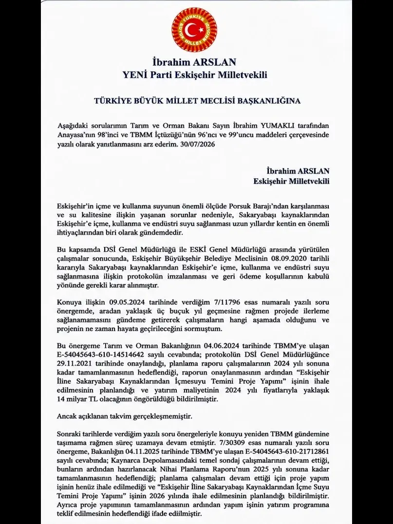 Eskişehir Milletvekili'nden Su Talebi