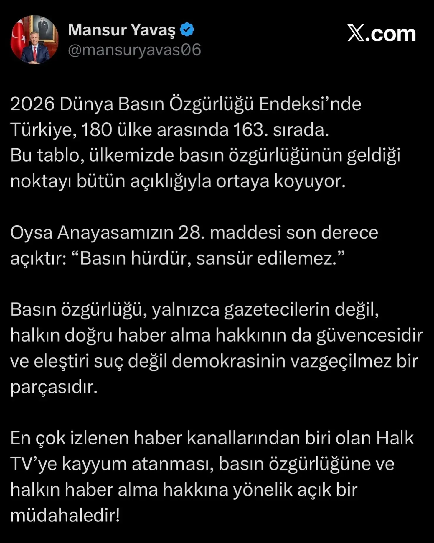 Türkiye, 2026 Dünya Basın Özgürlüğü Endeksi'nde 163. sırada