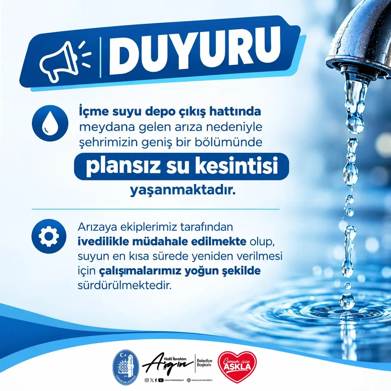 Çorum'da su kesintisi nedeniyle çalışmalar sürüyor