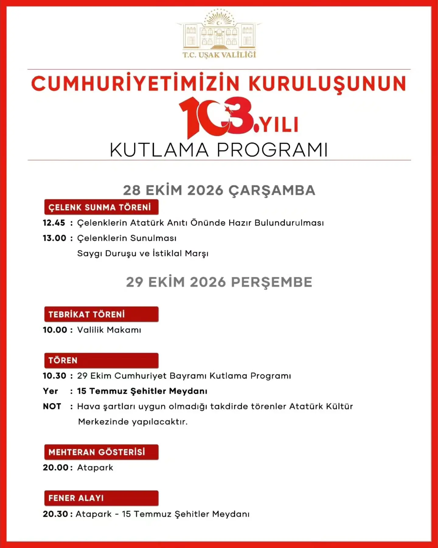 Cumhuriyet Bayramı Uşak'ta Coşkuyla Kutlanacak