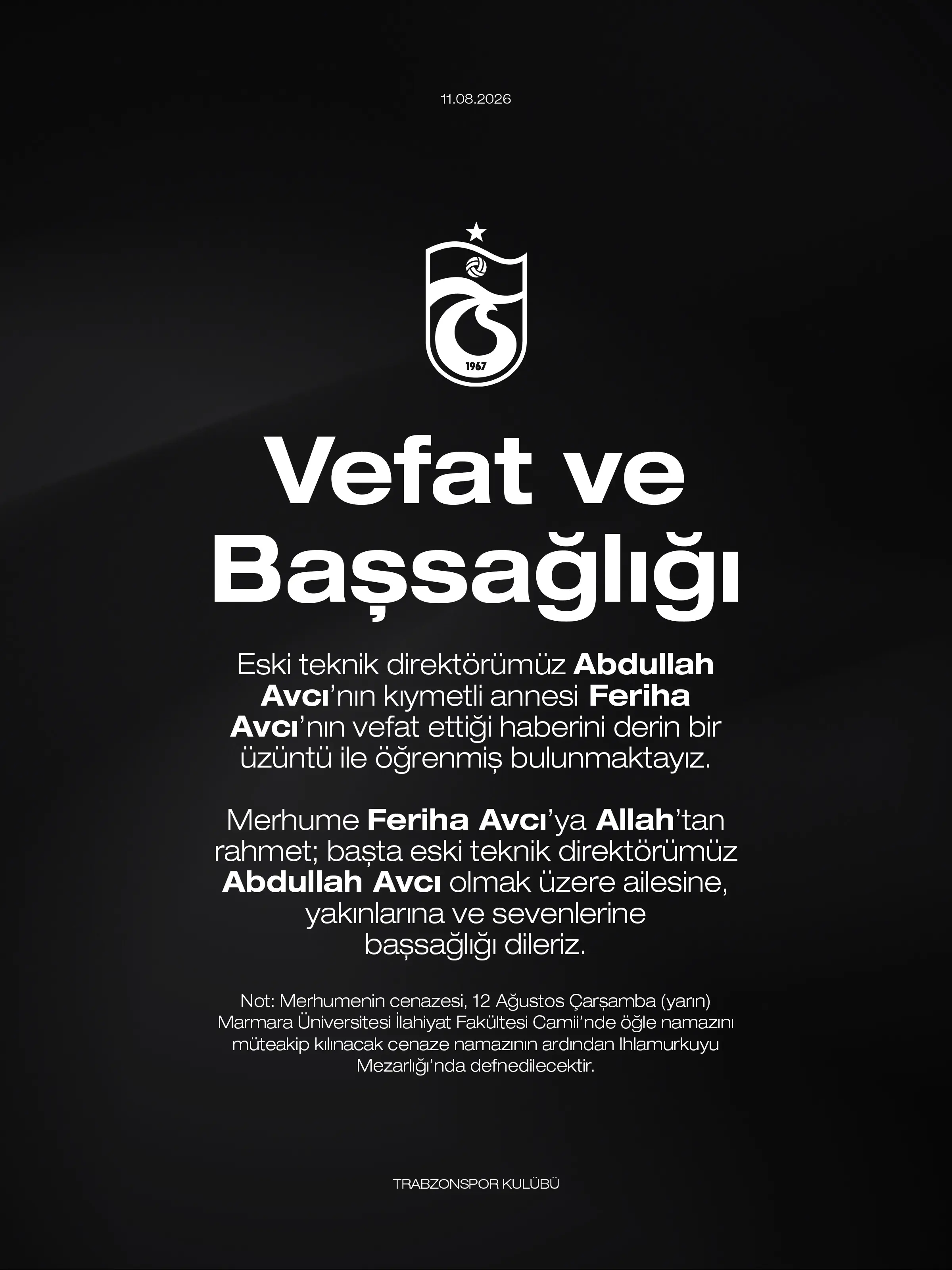 Trabzonspor'dan Başsağlığı Mesajı