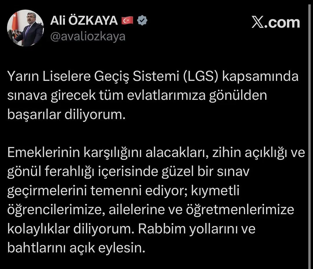 Ali Özkaya'dan LGS Sınavı Mesajı