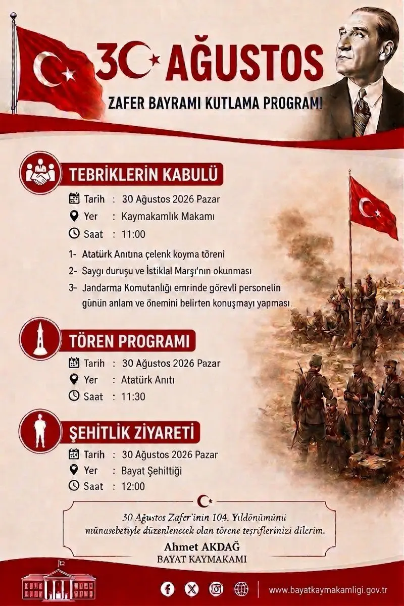 30 Ağustos Zafer Bayramı Kutlamaları Duyuruldu