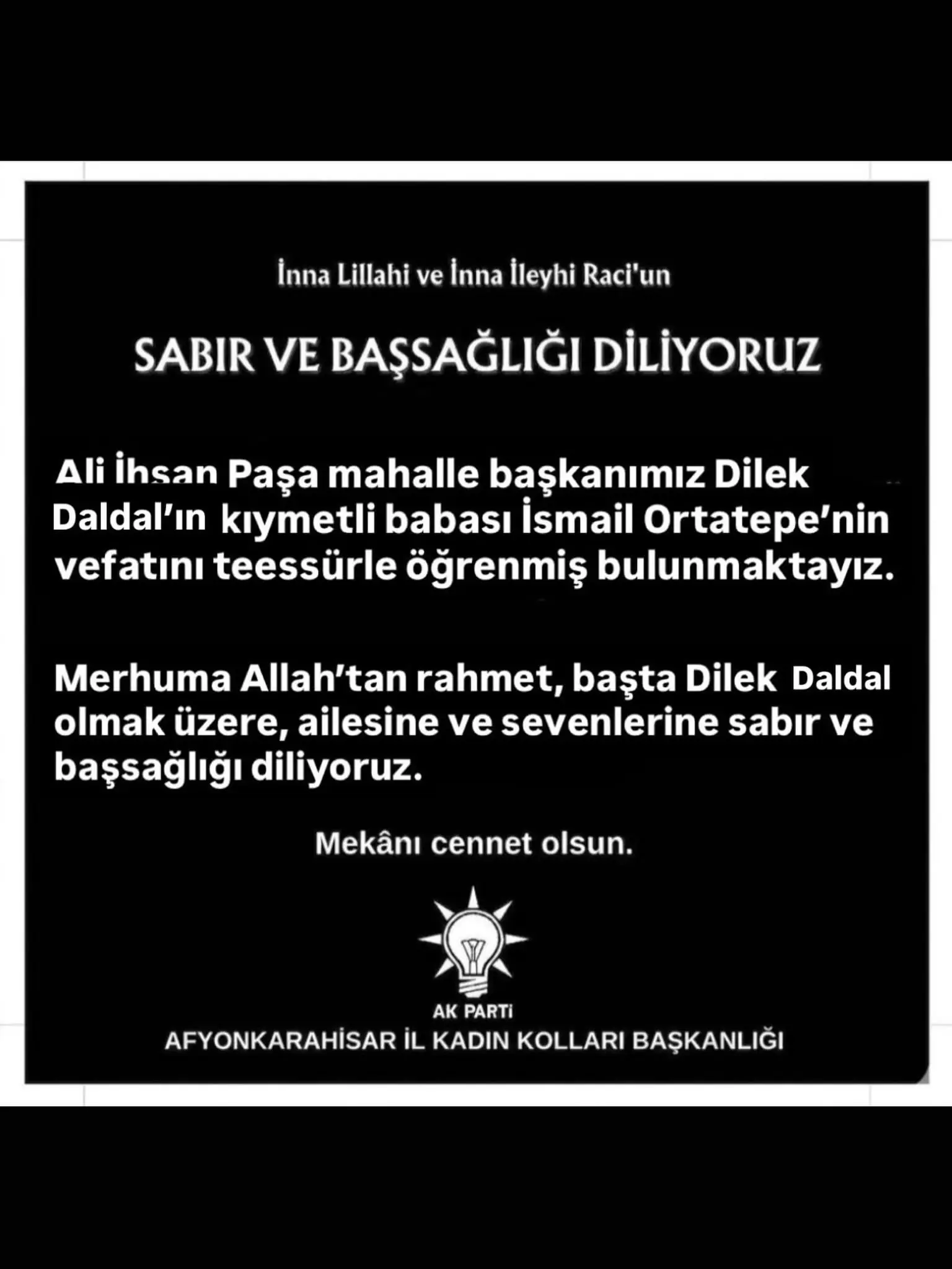 Ali İhsan Paşa Mahalle Başkanı'nın Babası Vefat Etti