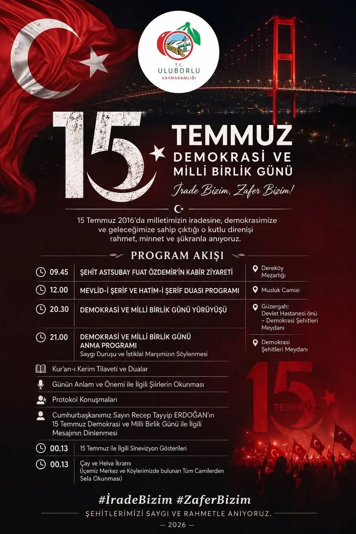 Uluborlu'da 15 Temmuz Anma Programı Duyurusu
