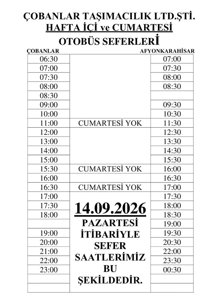 Çobanlar Belediyesi yeni sefer saatlerini duyurdu