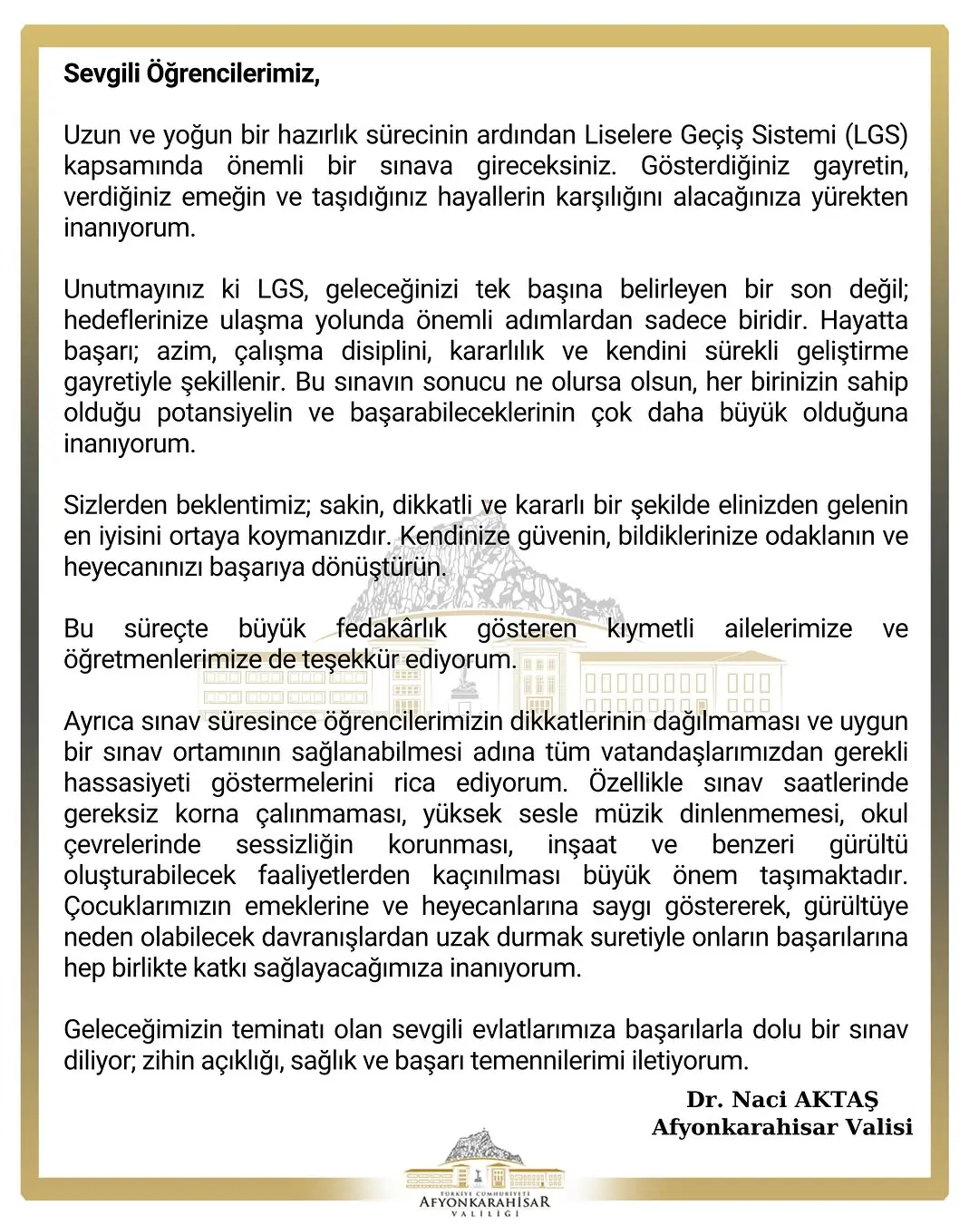 Vali Aktaş'tan LGS'ye hazırlanan öğrencilere mesaj